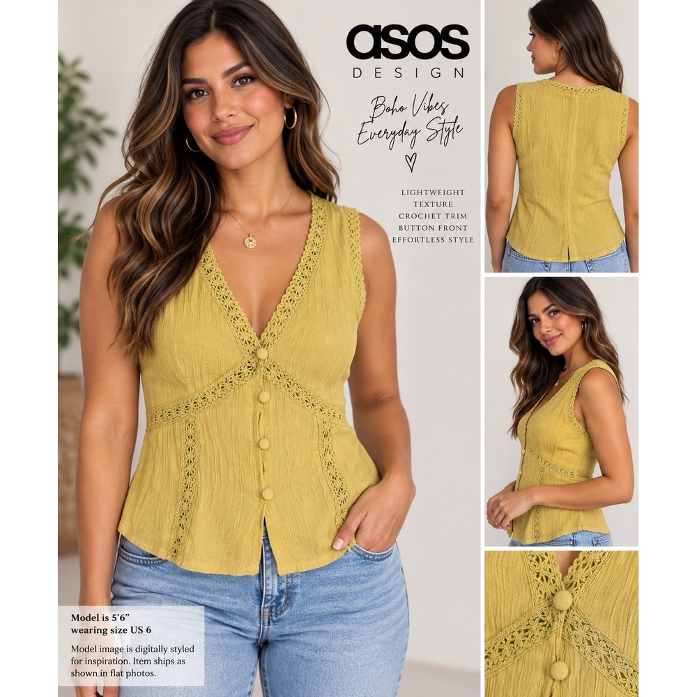 ASOS DESIGN Mustard Yellow Crochet Trim Button Front Top NWT US 6 Boho